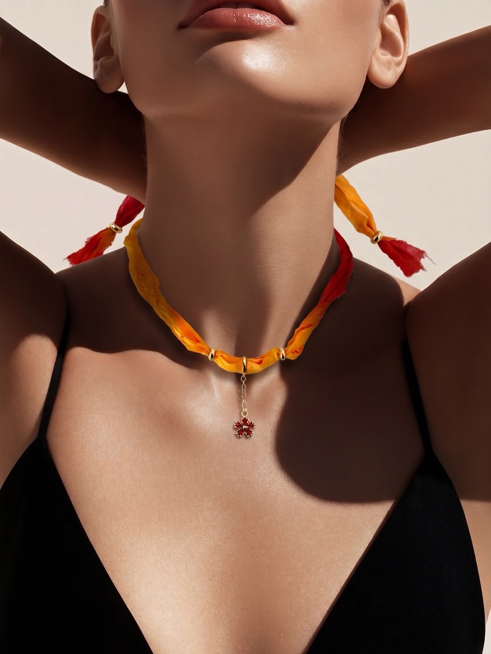 Silk-Twist Red & Yellow Flower Charm Choker Necklace